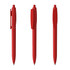Three red plastic pens displayed in different positions, featuring a clip and a smooth design. Each pen has a branding logo.