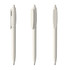 A set of three light beige plastic pens, featuring a clip and a smooth design. Each pen has a branding logo.