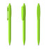 A set of three bright green plastic pens with clips and pointed tips. Each pen has a smooth finish and a logo.