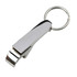 A drink bottle opener key ring in shiny silver metal with a smooth finish and a circular keyring attachment.