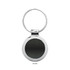 A glossy silver key ring featuring a round, reflective disc in the centre.