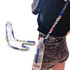 A drink bottle sling lanyard in vibrant colours, featuring a unique design, with a clear water bottle attached.