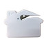 A white, house-shaped letter opener with a sharp blade and a logo visible on the surface.
