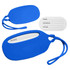 A blue silicone luggage tag with an attached identification card for personal information. It features a logo.