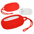 A red silicone luggage tag with a white insert for personal details and a matching strap for attachment.