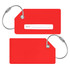 A red silicon luggage tag with a white name label and silver wire loop for attachment.