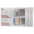 A display of various pens in multiple colours, arranged in a sample kit with a branded logo.