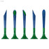 A collection of plastic pens in blue and green, featuring a sleek design and a logo on each pen.