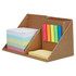 A brown memo holder with compartments for sticky notes, featuring pastel-coloured notes and bright sticky flags.