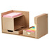 A desk organiser featuring a brown cardboard design with compartments for sticky notes in pink and assorted colours.