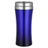 A travel mug in a vibrant blue colour with a silver trim and a sleek, modern design.