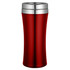 A travel mug in a vibrant red colour with a silver lid and a sleek, curved shape. It features a logo.