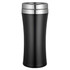 A travel mug in sleek black with a shiny silver lid and a smooth, curved design. It features a branding logo.