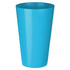A blue plastic cup with a smooth finish and a simple design, featuring a logo.