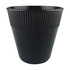 A black plastic cup with ribbed texture, designed for drinks. Features a simple, modern shape and has a logo.
