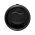 A black coffee mug with a curved lid design, featuring a logo on the surface.