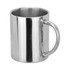 A stainless steel coffee mug with a sleek, polished finish and a sturdy handle. It features a simple design and branding.