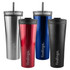 A collection of travel mugs in silver, red, blue, and black, each featuring a clear lid and a logo.