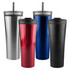 A drink bottle set featuring stainless steel, red, blue, and black travel mugs with straws and lids.