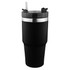 A drink bottle featuring a black body with a silver band and a clear lid with a straw. It has a branding logo.