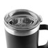 A black travel mug with a clear lid and a silver band at the top, featuring a handle and a logo.
