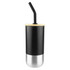 A drink bottle featuring a black exterior, stainless steel base, and a black straw. It has a lid and a logo.
