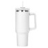 A white travel mug featuring a clear lid and straw, with a handle for easy carrying.