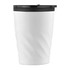 A white twist mug with a black lid features a textured design and has a simple logo.