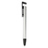 A stylus pen with a metallic silver body, black tip, and a black clip, featuring branding.
