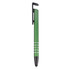 A green metal stylus pen with a clip and decorative white lines, featuring branding on the body.