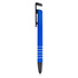 A blue stylus pen with a black clip and decorative white rings on the barrel, featuring a logo.