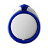 A phone stand in white and blue, featuring a circular design with a central button and a branding logo.