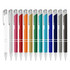 A collection of metal pens in various colours, including blue, green, red, and silver, with a shiny finish.