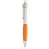 A metal pen featuring a silver barrel with an orange rubber grip and a clip. It has a logo on the side.