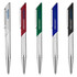 A collection of metal pens in silver, red, green, blue, and black, each featuring a logo.