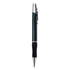 A metal pen with a dark green barrel, silver accents, and a black rubber grip, featuring a logo.
