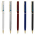 A selection of metal pens in white, silver, red, blue, and black, all featuring a logo.