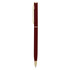 A metal pen in deep red with gold accents and a clasp, featuring a logo on the barrel.