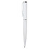 A white metal pen with a sleek design and silver accents, featuring a clip and a branding logo.