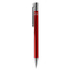 A metal pen in red featuring a chrome clip and accents, with a logo on the body.