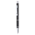 A black metal pen with a chrome clip and detailing, featuring a textured grip and a branding logo.