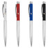 A collection of metal pens in white, red, blue, and black, featuring textured grips and a logo on each.