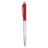 A metal pen with a red barrel and silver accents, featuring a clip and textured grip. The pen has a logo.