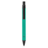 A metal pen in teal with a black clip and tip, featuring a sleek design and a branding logo.