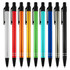 A collection of metal pens in silver, red, orange, green, blue, black, and gold, featuring a logo on each pen.