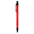 A metal pen in bright red with a black clip and two silver stripes near the base. It features a logo.