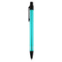 A metal pen in a vibrant turquoise colour with a black accent and a clip. It features a sleek design and modern branding.