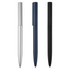 Three metal pens in silver, navy blue, and black, featuring sleek designs and a branding logo.