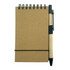 A brown spiral-bound notebook with a black elastic band and a pen attached to the side.