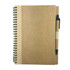 A recycled paper notebook with a spiral binding, featuring a beige cover and a matching pen attached.